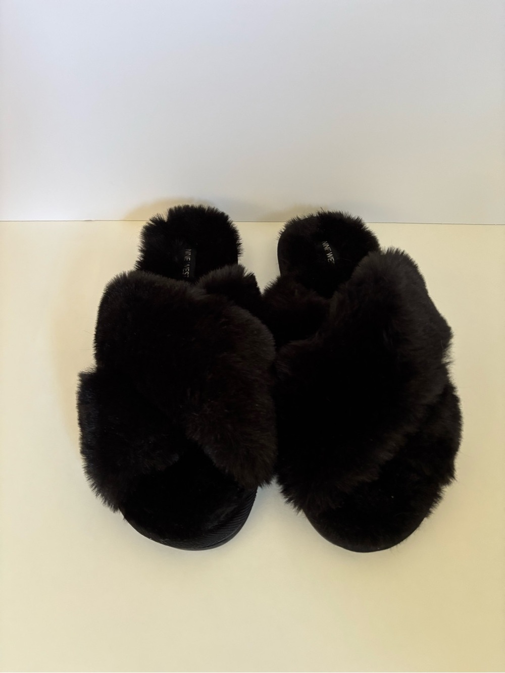 NINE WEST Black Faux Fur Crossband Slippers Cozy Sz XL Women’s 11-12 NWOT